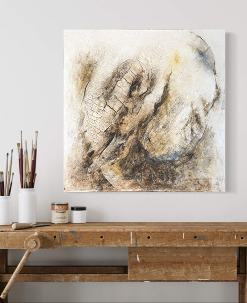 Elefant Mixed Media Strukturbild auf Leinwand gelb braun Töne 80 x 80 cm Petra Wetzig Künstlerin