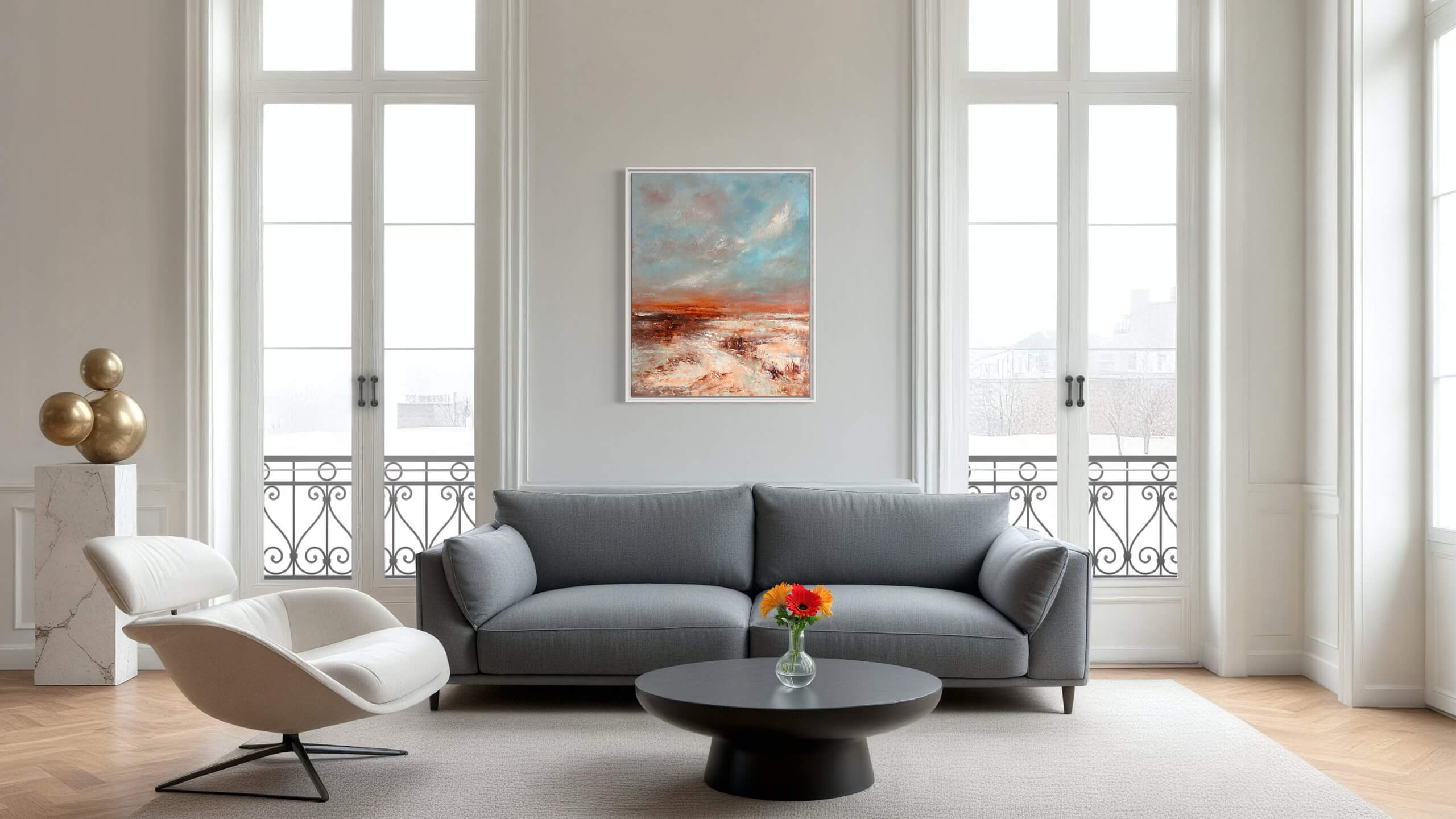 Originalgemälde Meer in Öl auf Leinwand über einem modernen Sofa – handgemalt von Petra Wetzig, 2025