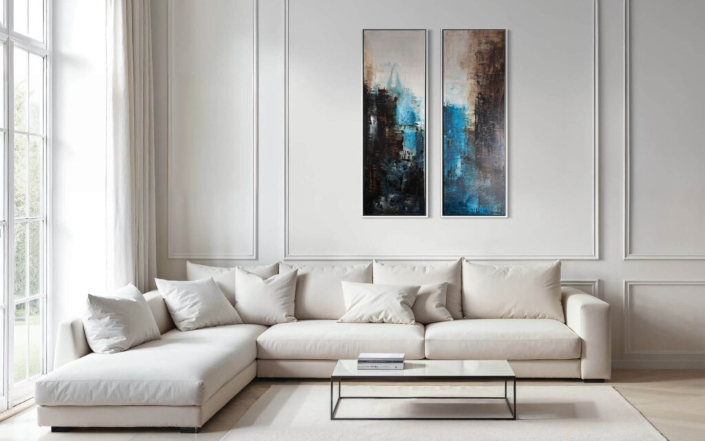 Mixed Media Gemälde Waterfall – handgemaltes Original auf Leinwand, gezeigt in stilvollem Wohnraum, Kunst von Petra Wetzig