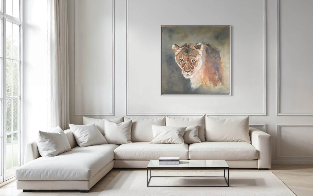 Ölgemälde Tierportrait – handgemaltes Original in Öl auf Leinwand, gezeigt in stilvollem Wohnraum, Kunst von Petra Wetzig