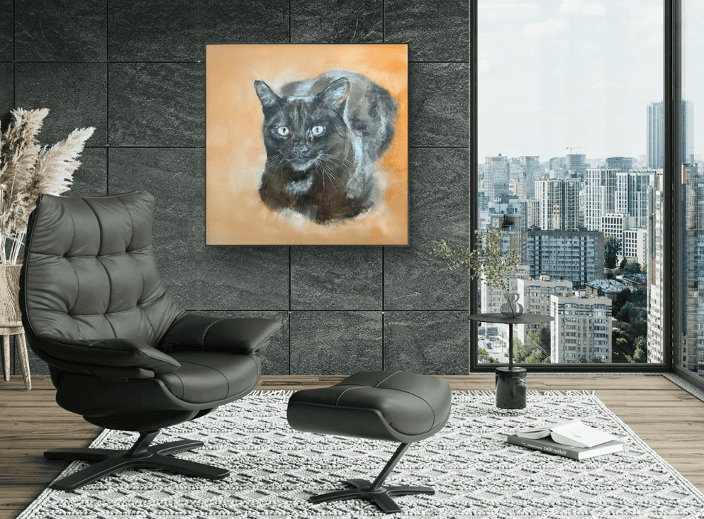 Ölgemälde schwarze Katze – handgemaltes Katzenportrait in stilvollem Wohnambiente, Original von Petra Wetzig, 2025