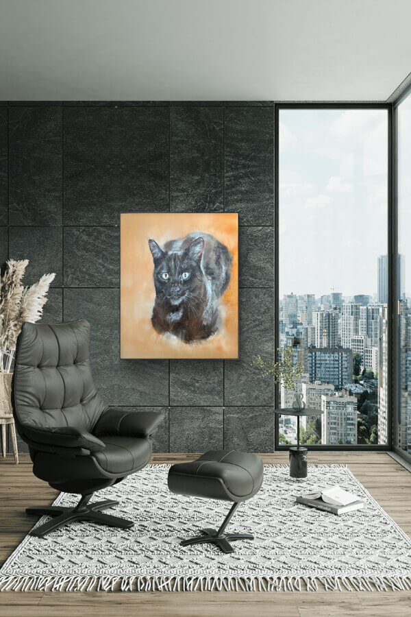 Tierportrait malen lassen - Ölgemälde einer schwarzen Katze Künstlerin Petra Wetzig