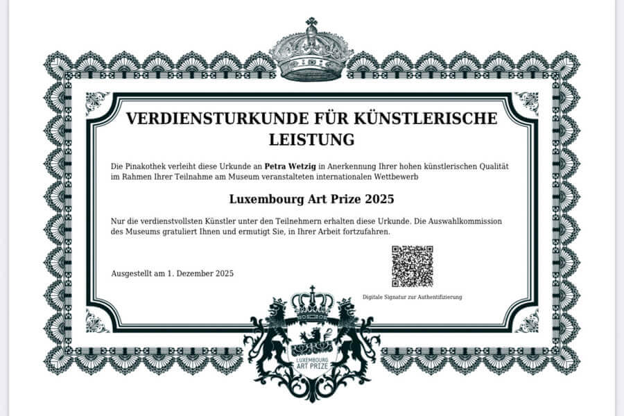 Verdiensturkunde Luxembourg Art Prize 2025 Petra Wetzig