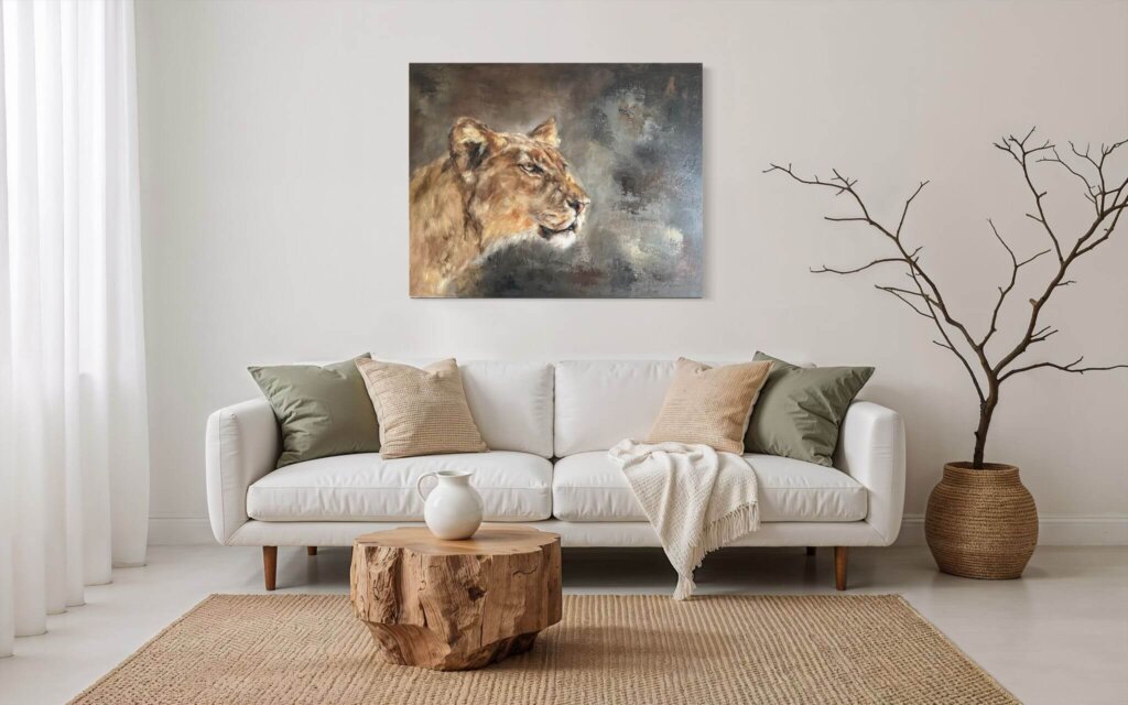 Wohnzimmer mit Sofa und optimal proportioniertem Kunstwerk – das Bild hat die richtige Größe und passt harmonisch zur Wand und dem Möbelstück.