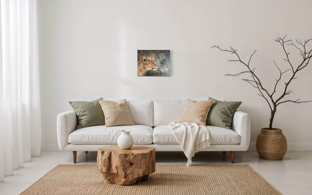 Zu kleines Bild über einem Sofa in einem Wohnzimmer – das Kunstwerk wirkt verloren an der großen Wandfläche.