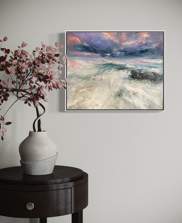 Befor the Strom Ölgemälde Meer mit dramatischen Wolke in blau und rosa Tönen Künstlerin Petra Wetzig