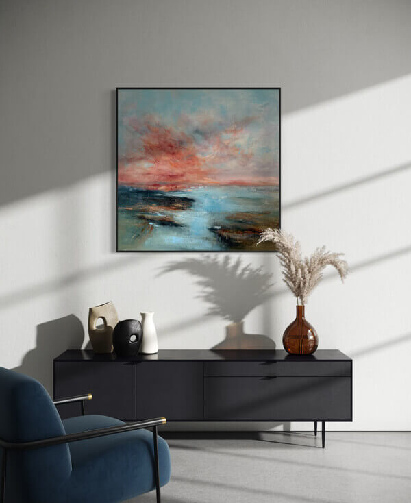 Between Blaze and Blue Sonnenuntergang abstrakt ueber Sideboard Künstlerin Petra Wetzig