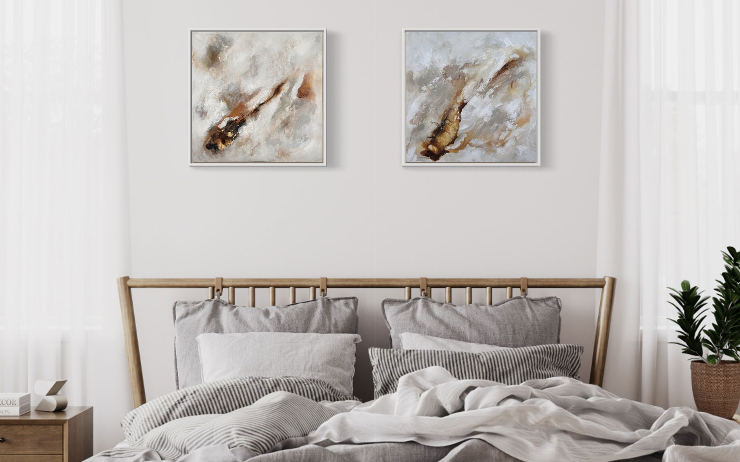 Bilder im Schlafzimmer - Creamy Harmony und Creamy Symphony als Set über dem Bett