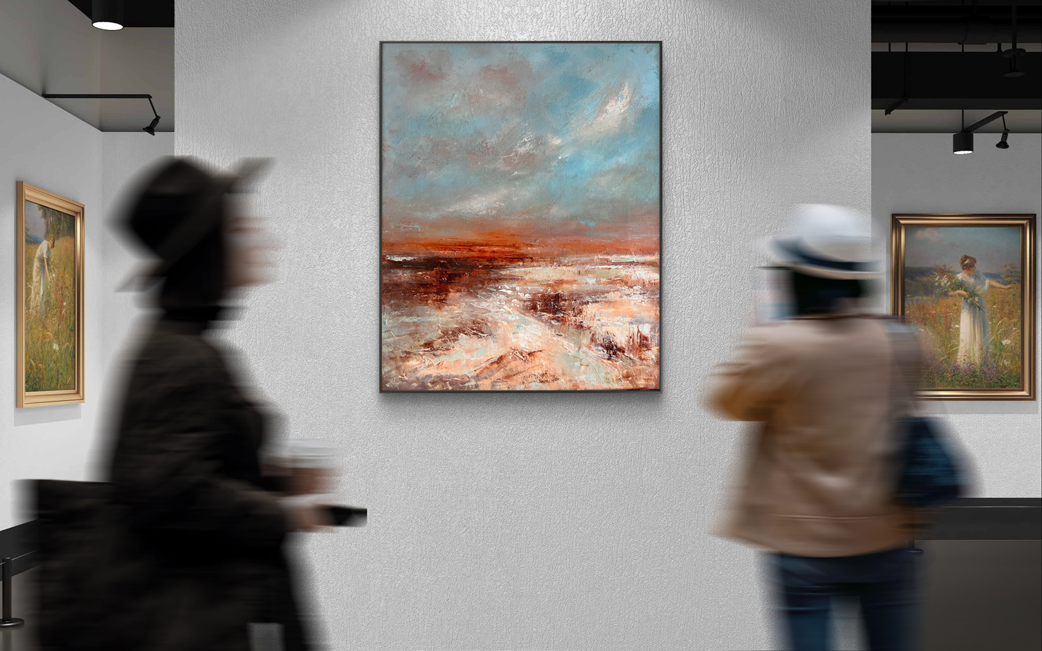 Ölgemälde in Galerie - zwei Besucher gehen an einem abstrakten Meerbild vorbei